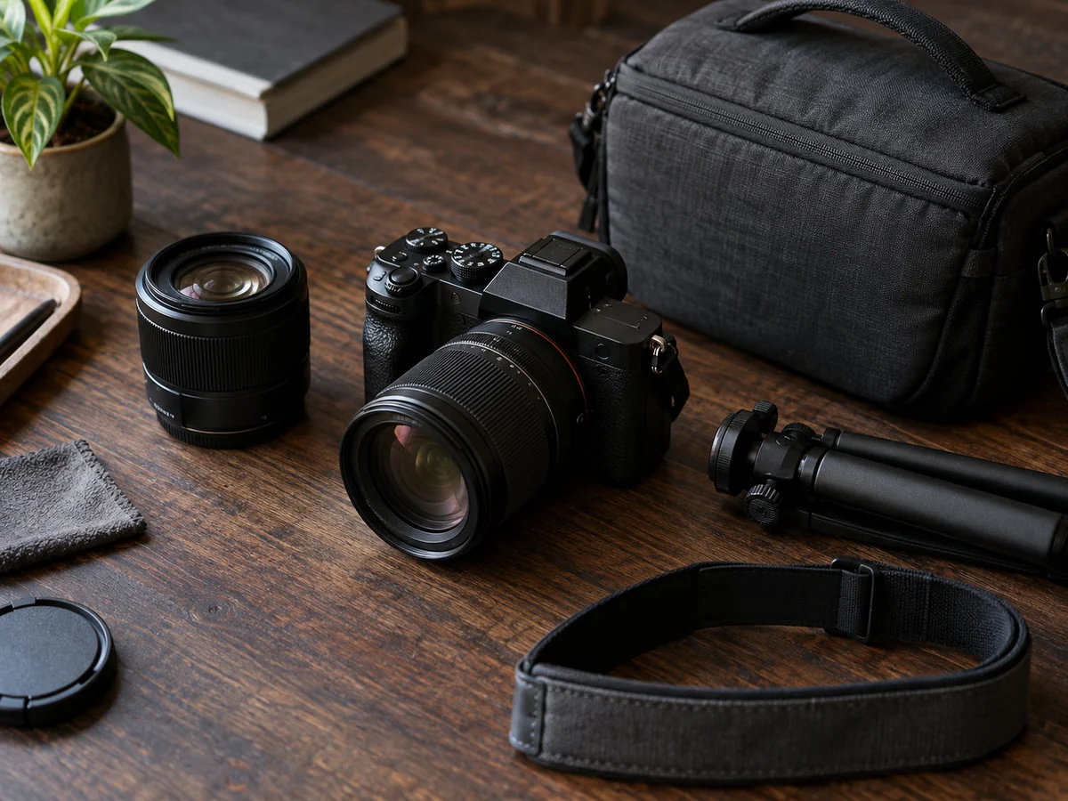 Fotocamera con custodia, treppiede e accessori disposti su un banco