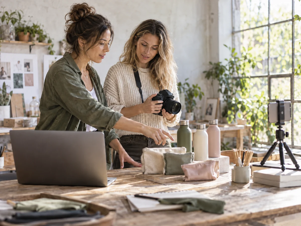La titolare di un negozio online e una collaboratrice con fotocamera organizzano una presentazione di borracce e piccoli accessori su un banco