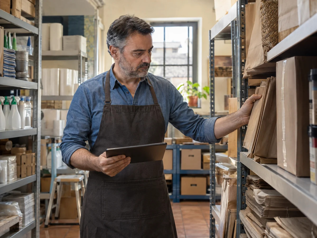 Responsabile di negozio che confronta le forniture sugli scaffali con un ordine sul tablet