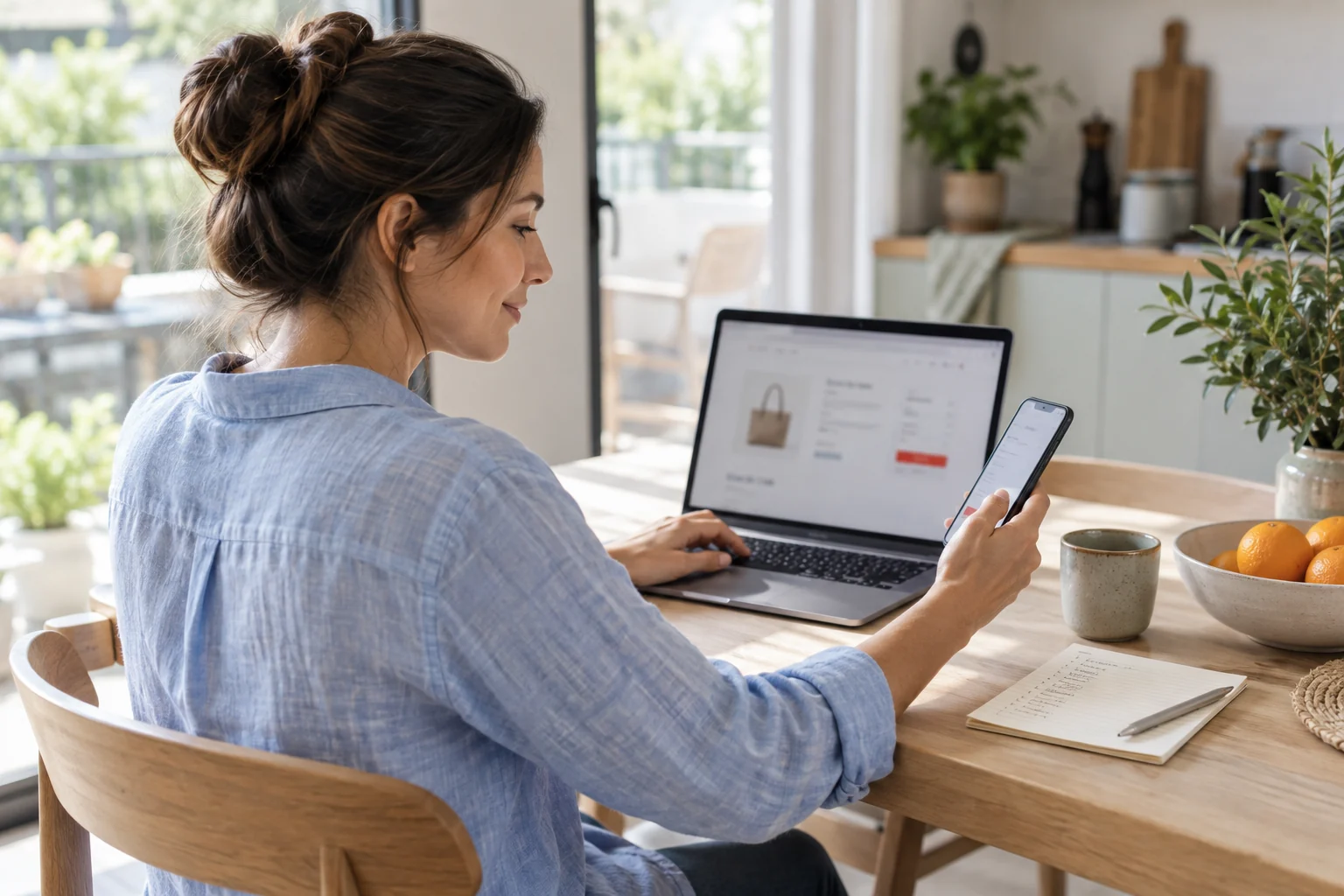 Donna a casa che acquista online utilizzando uno smartphone accanto al computer portatile