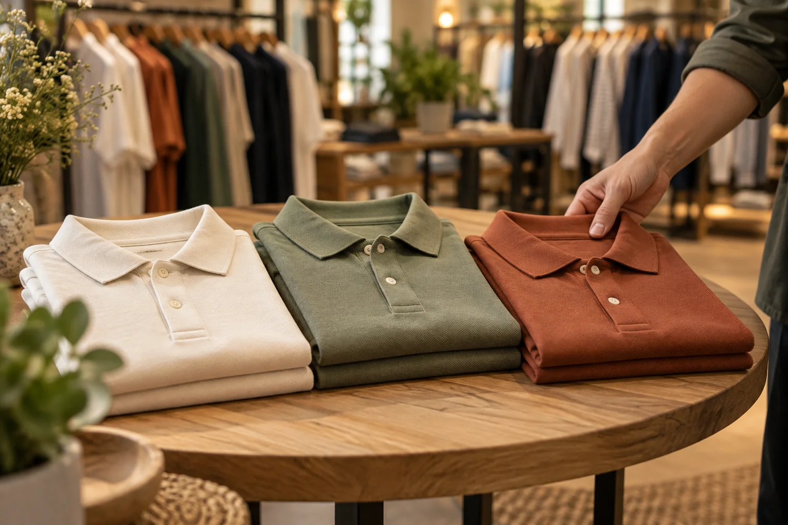 Negoziante che dispone tre magliette identiche ripiegate sul tavolo espositivo di una boutique