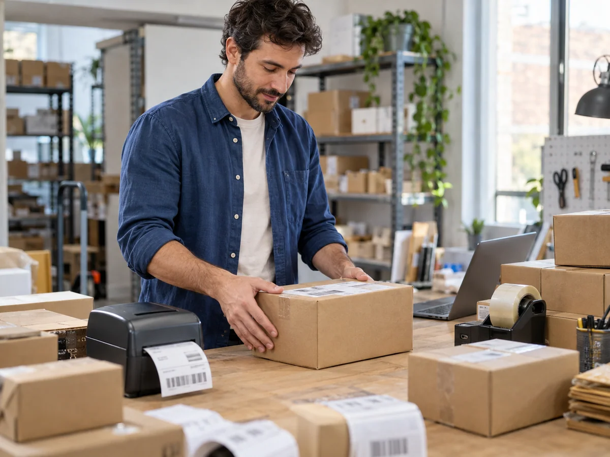 Addetto prepara un pacco su un banco di lavoro accanto a una stampante per etichette e a un computer portatile