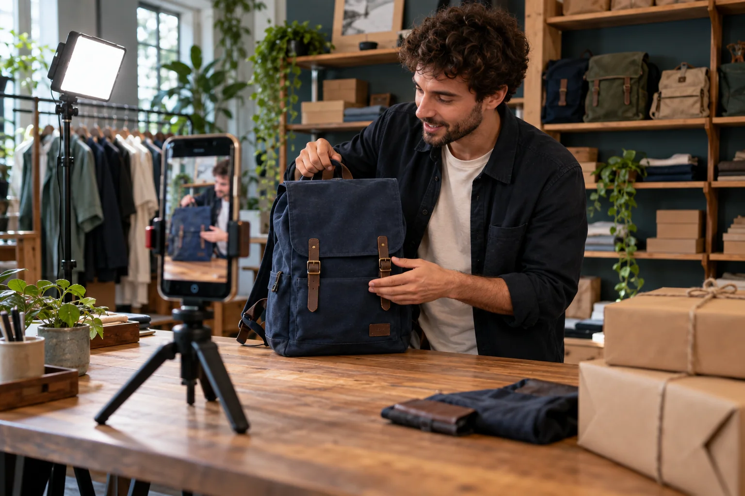 Commerciante che presenta uno zaino davanti a uno smartphone su treppiede nel proprio negozio