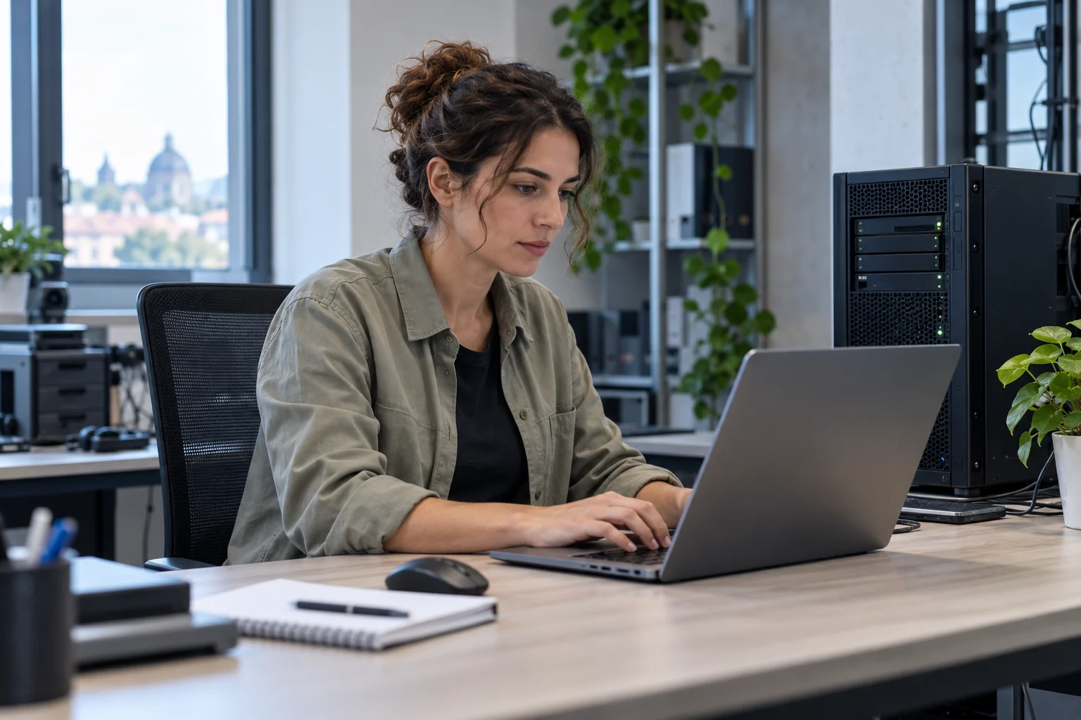 Tecnica informatica al portatile in un ufficio con un piccolo server accanto alla postazione