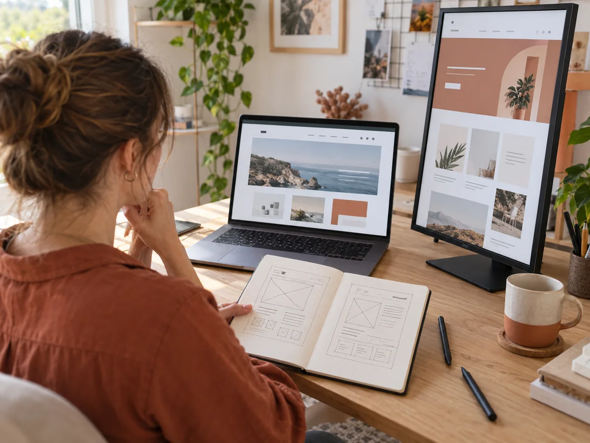 Web designer che confronta la grafica di un sito su un portatile e un monitor verticale accanto a bozzetti di pagine
