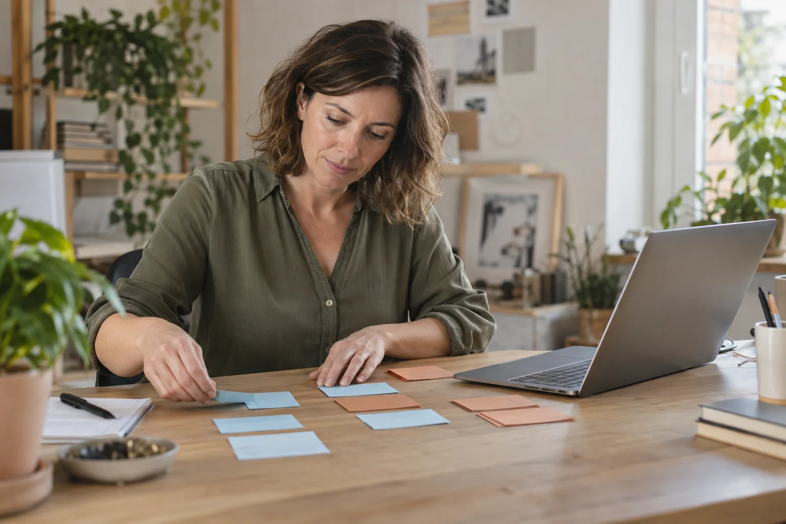 Responsabile dei contenuti che organizza schede colorate in gruppi accanto a un computer portatile