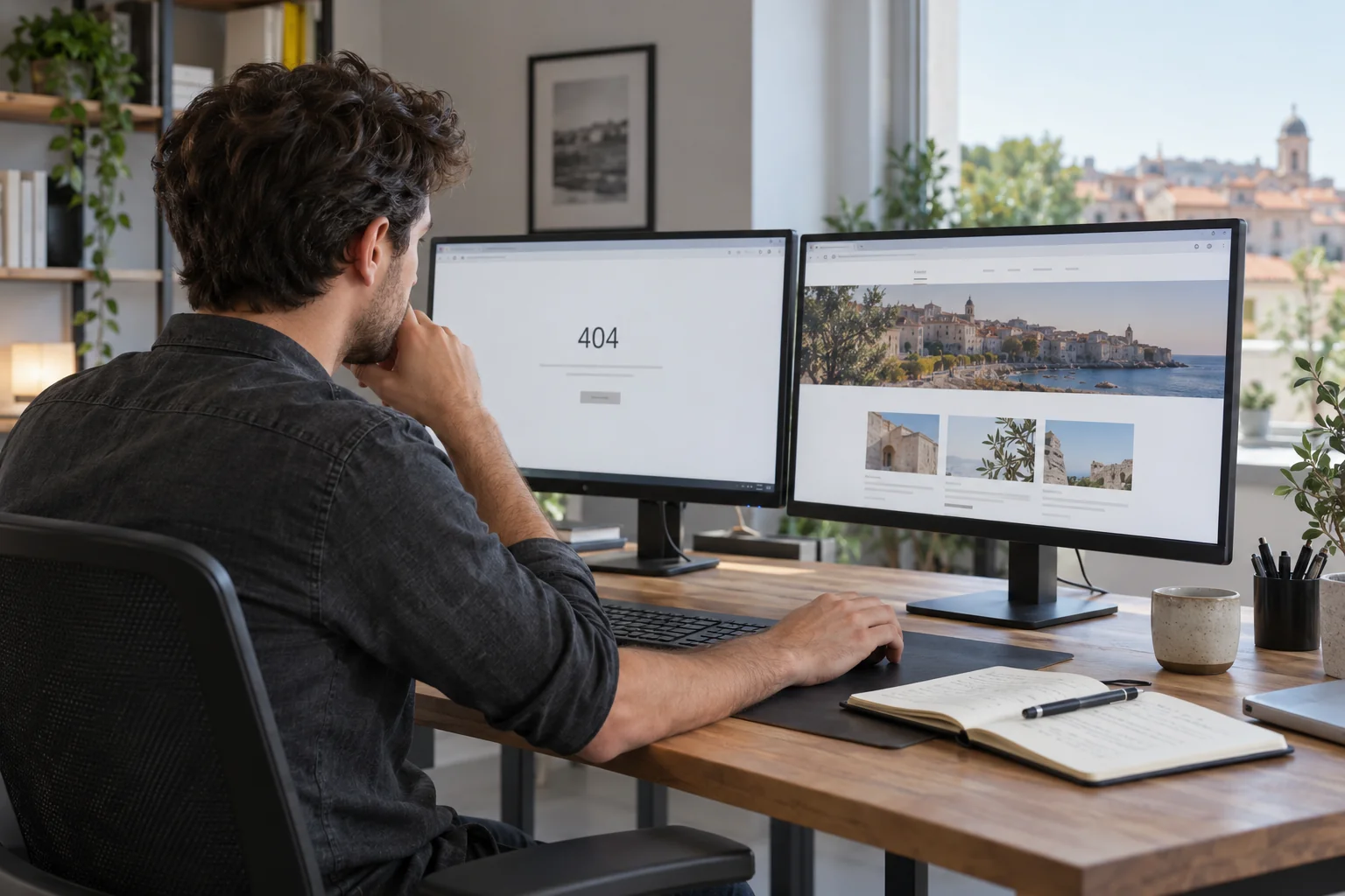 Tecnico davanti a due monitor che mostrano la homepage di un sito e una pagina con errore 404