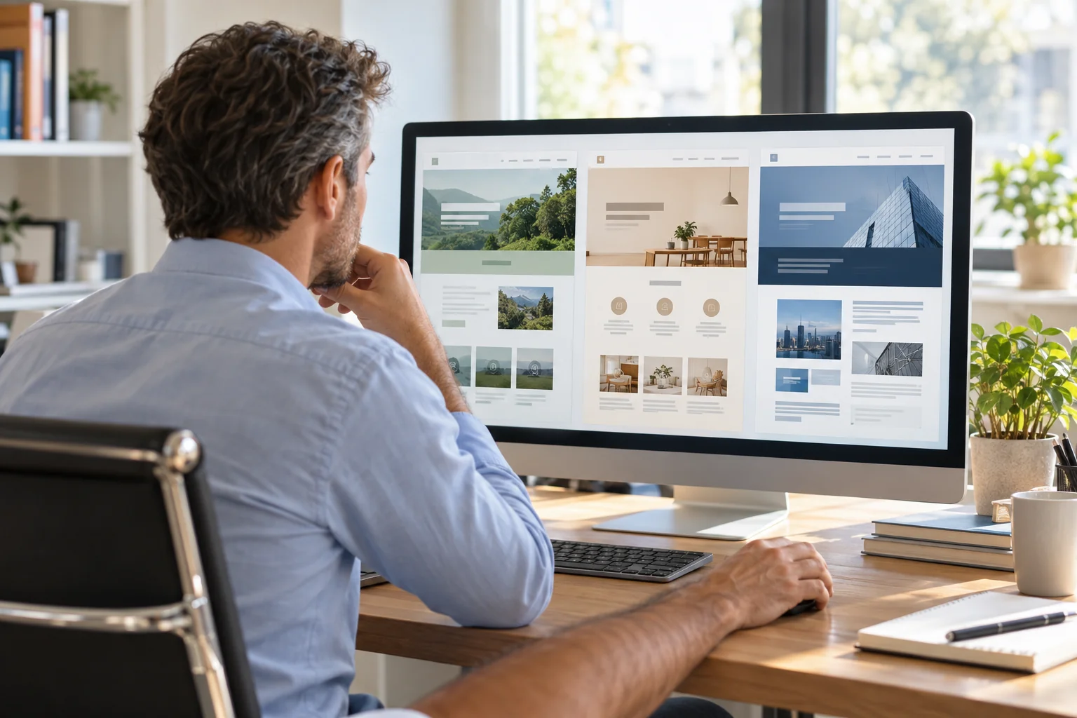 Responsabile digitale osserva tre siti aziendali affiancati su un grande monitor in ufficio