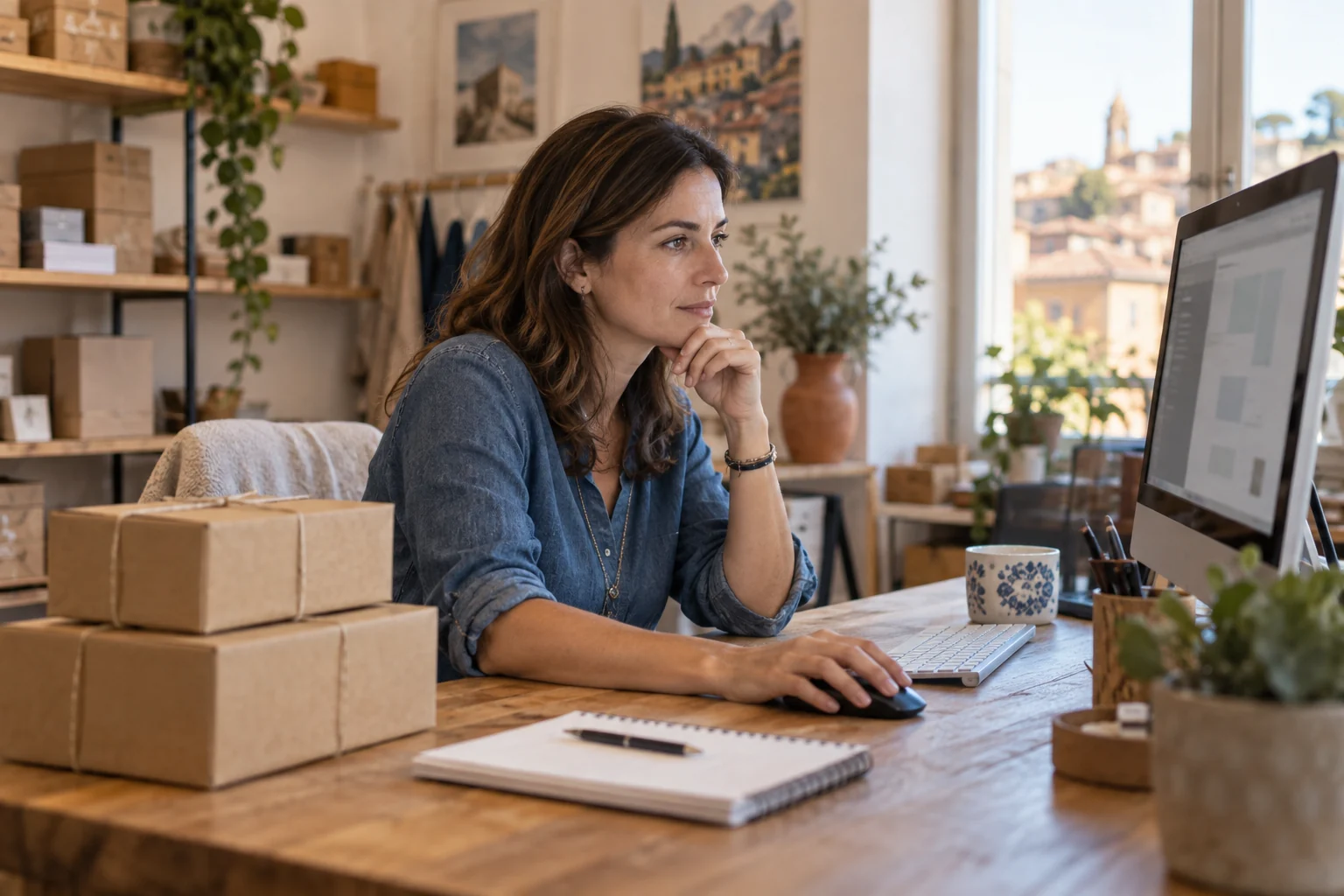 Proprietaria di un ecommerce al computer, con pacchi pronti e un taccuino sulla scrivania di un ufficio luminoso