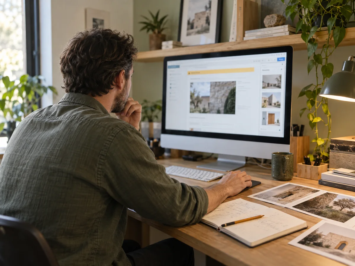 Persona alla postazione editoriale con computer, quaderno e fotografie da inserire in una pagina web