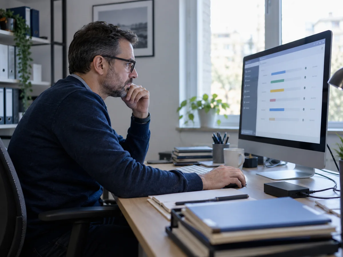 Tecnico con gli occhiali controlla lo spazio del sito su un monitor con barre di utilizzo e un disco esterno sulla scrivania