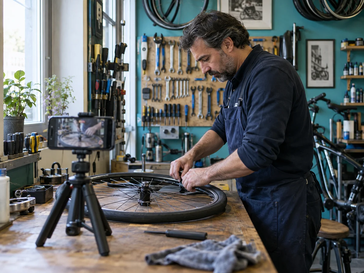 Un artigiano registra una dimostrazione nel laboratorio con uno smartphone montato su un treppiede.