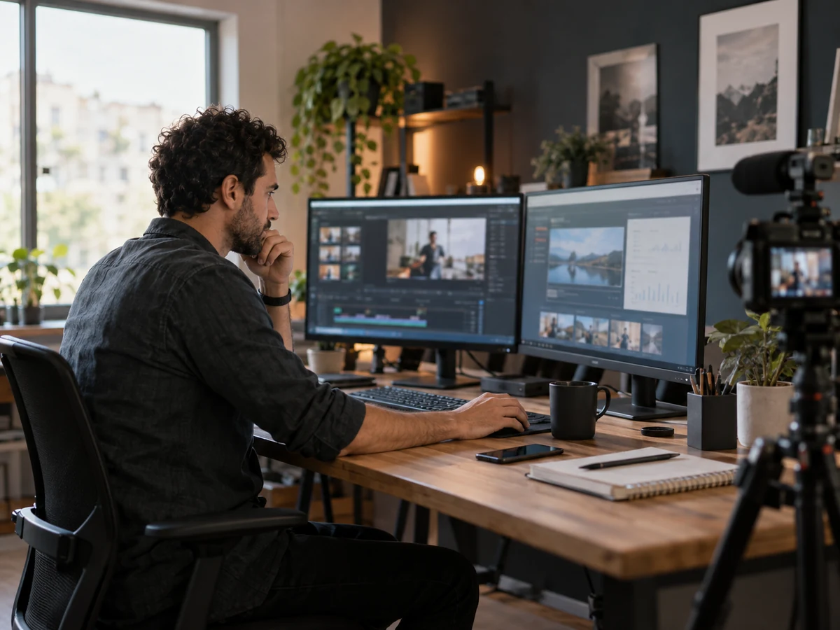 Responsabile marketing al computer in uno studio video con una videocamera e due monitor